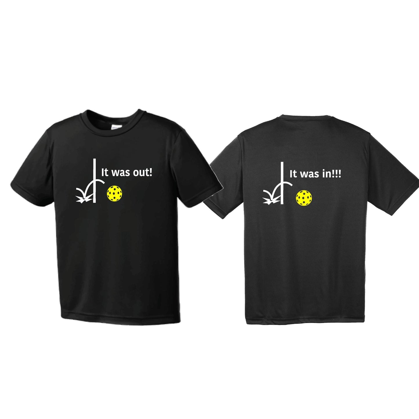 It Was Out! It Was In! (Pickleballs Red White Yellow) | Men's Short Sleeve Athletic Performance T-Shirt | 100% Polyester