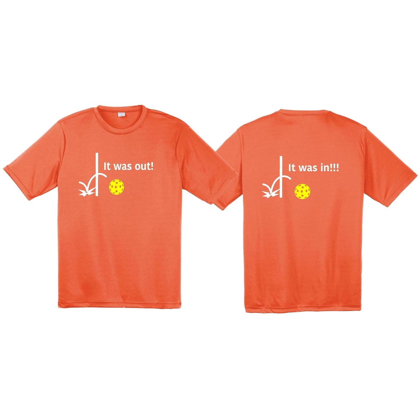It Was Out! It Was In! (Pickleballs Red White Yellow) | Men's Short Sleeve Athletic Performance T-Shirt | 100% Polyester