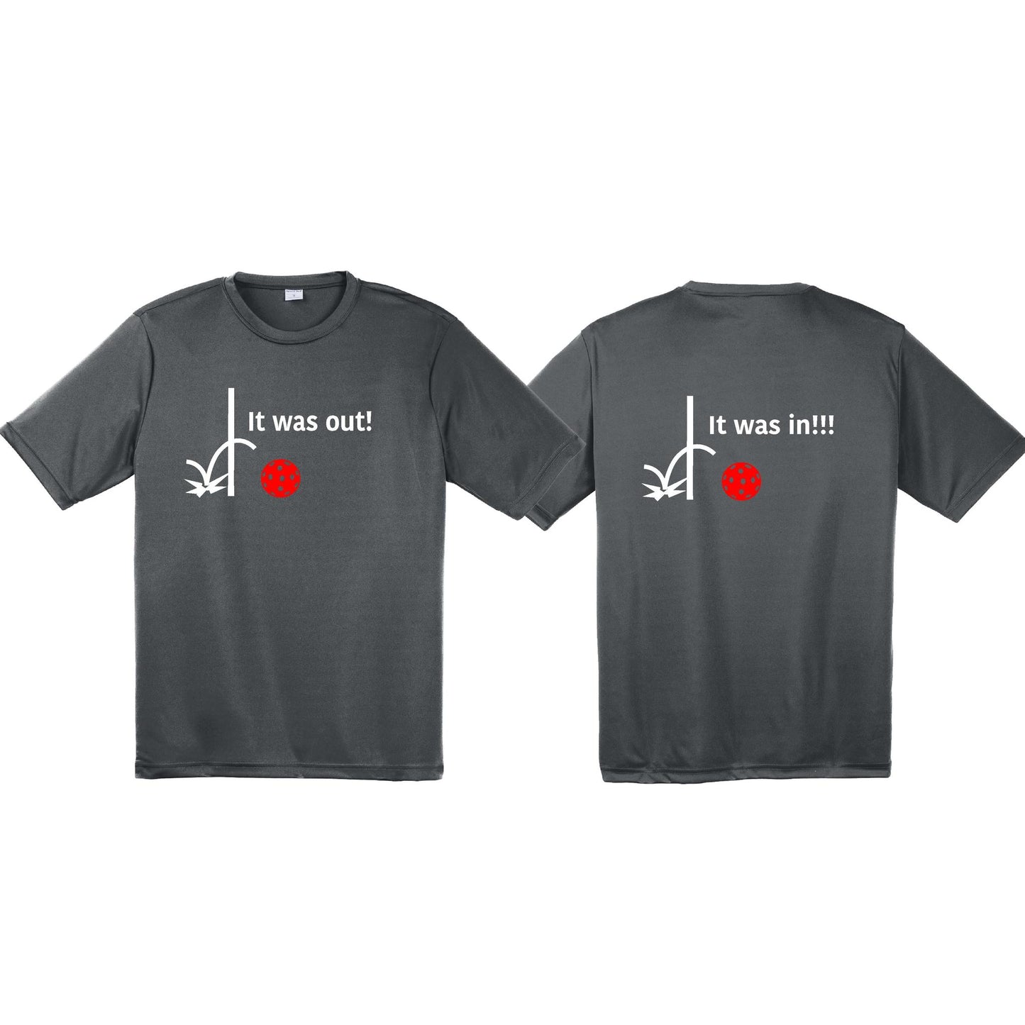 It Was Out! It Was In! (Pickleballs Red White Yellow) | Men's Short Sleeve Athletic Performance T-Shirt | 100% Polyester