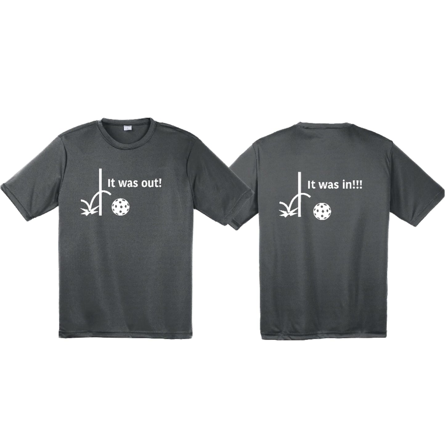 It Was Out! It Was In! (Pickleballs Red White Yellow) | Men's Short Sleeve Athletic Performance T-Shirt | 100% Polyester