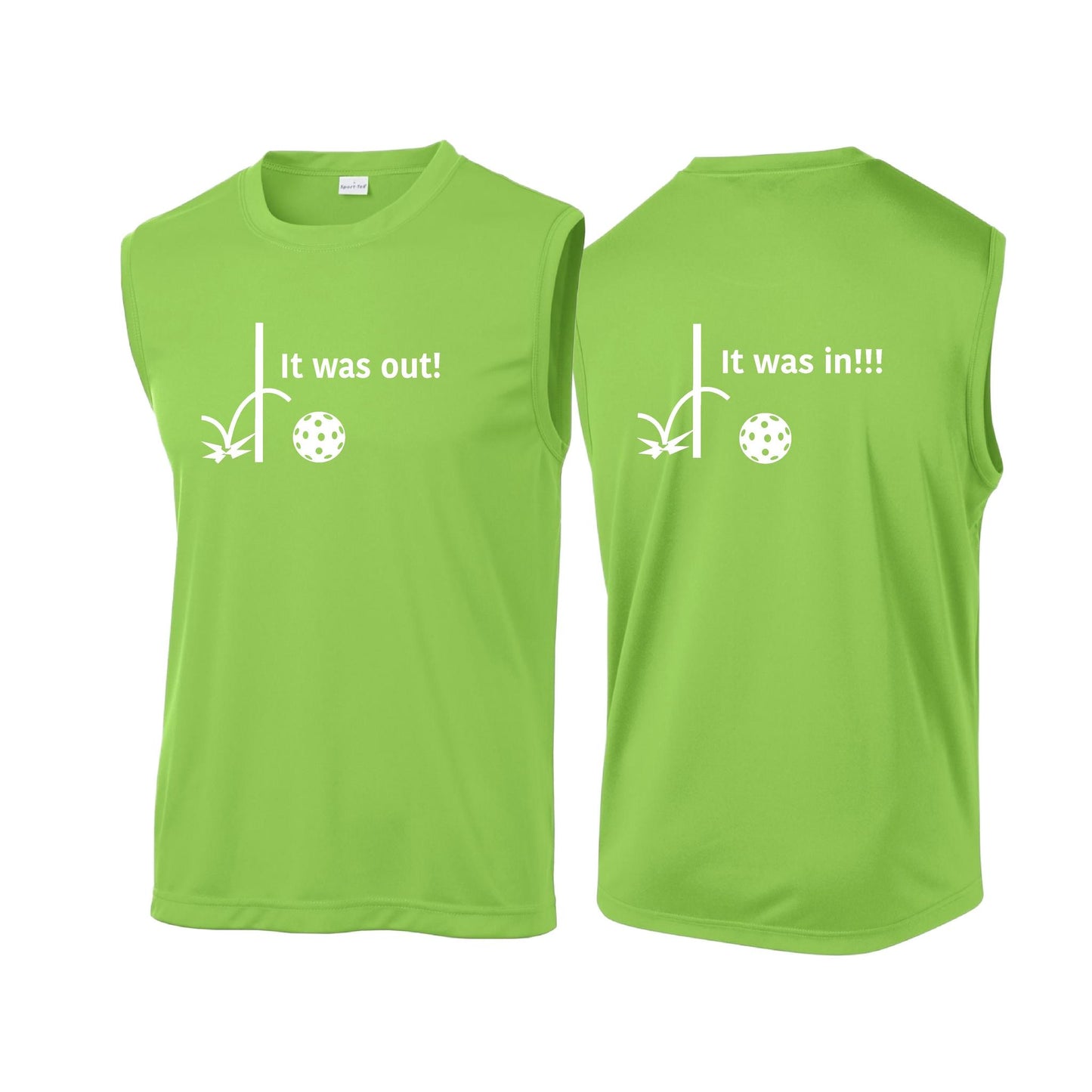 It Was Out! It Was In! (Pickleballs Red White Yellow) | Men's Sleeveless Athletic Performance T-Shirt | 100% Polyester