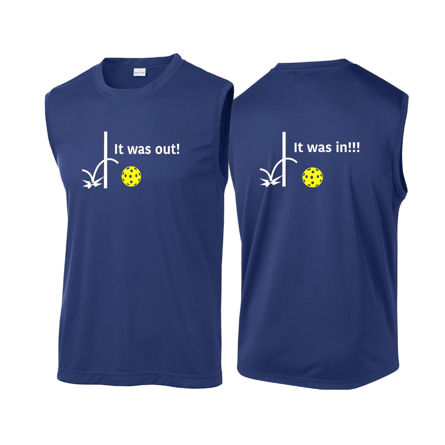It Was Out! It Was In! (Pickleballs Red White Yellow) | Men's Sleeveless Athletic Performance T-Shirt | 100% Polyester