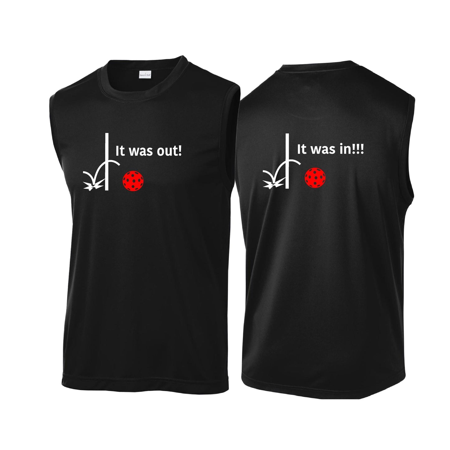It Was Out! It Was In! (Pickleballs Red White Yellow) | Men's Sleeveless Athletic Performance T-Shirt | 100% Polyester