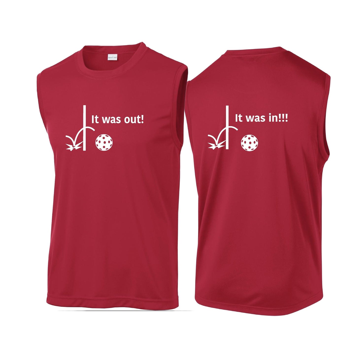 It Was Out! It Was In! (Pickleballs Red White Yellow) | Men's Sleeveless Athletic Performance T-Shirt | 100% Polyester
