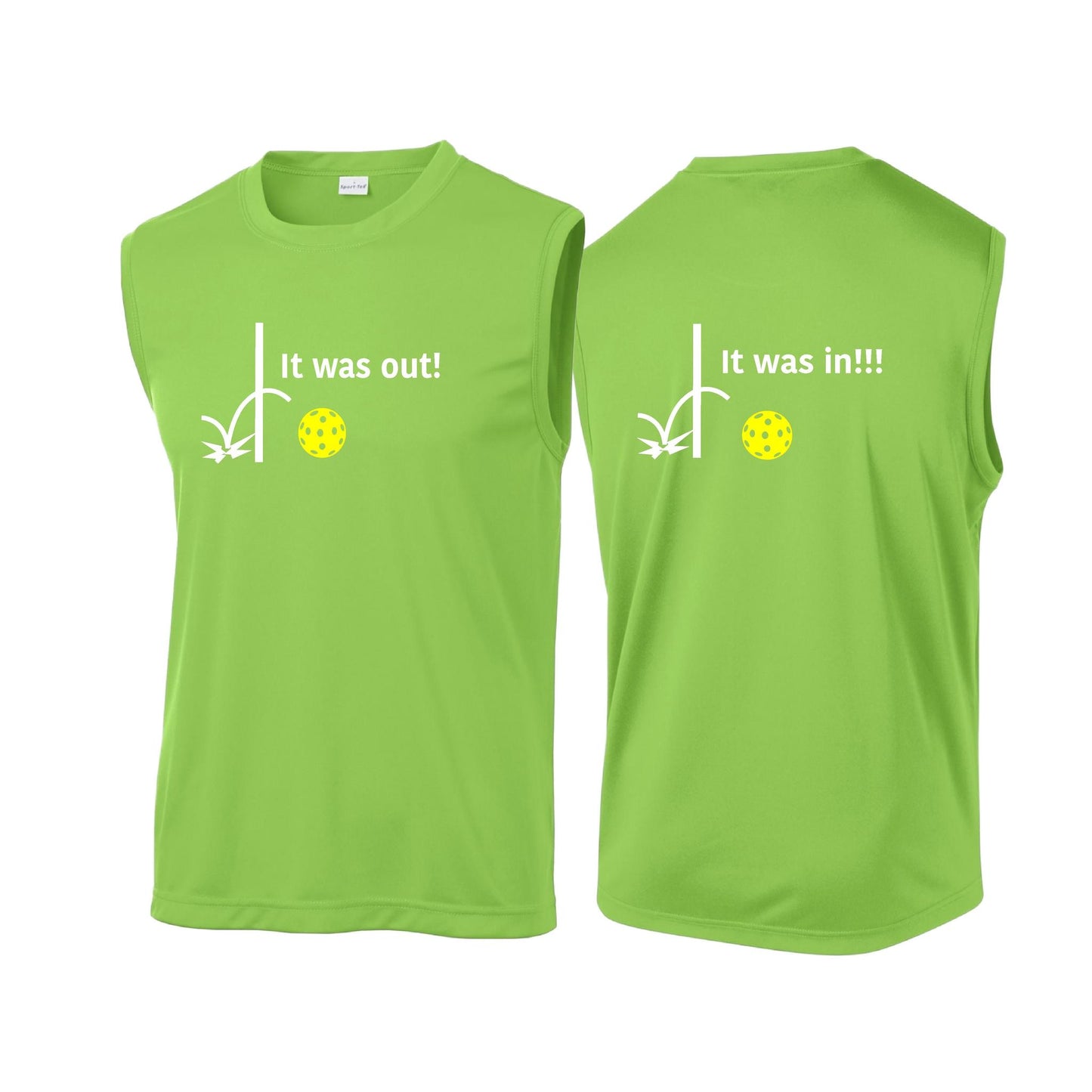 It Was Out! It Was In! (Pickleballs Red White Yellow) | Men's Sleeveless Athletic Performance T-Shirt | 100% Polyester