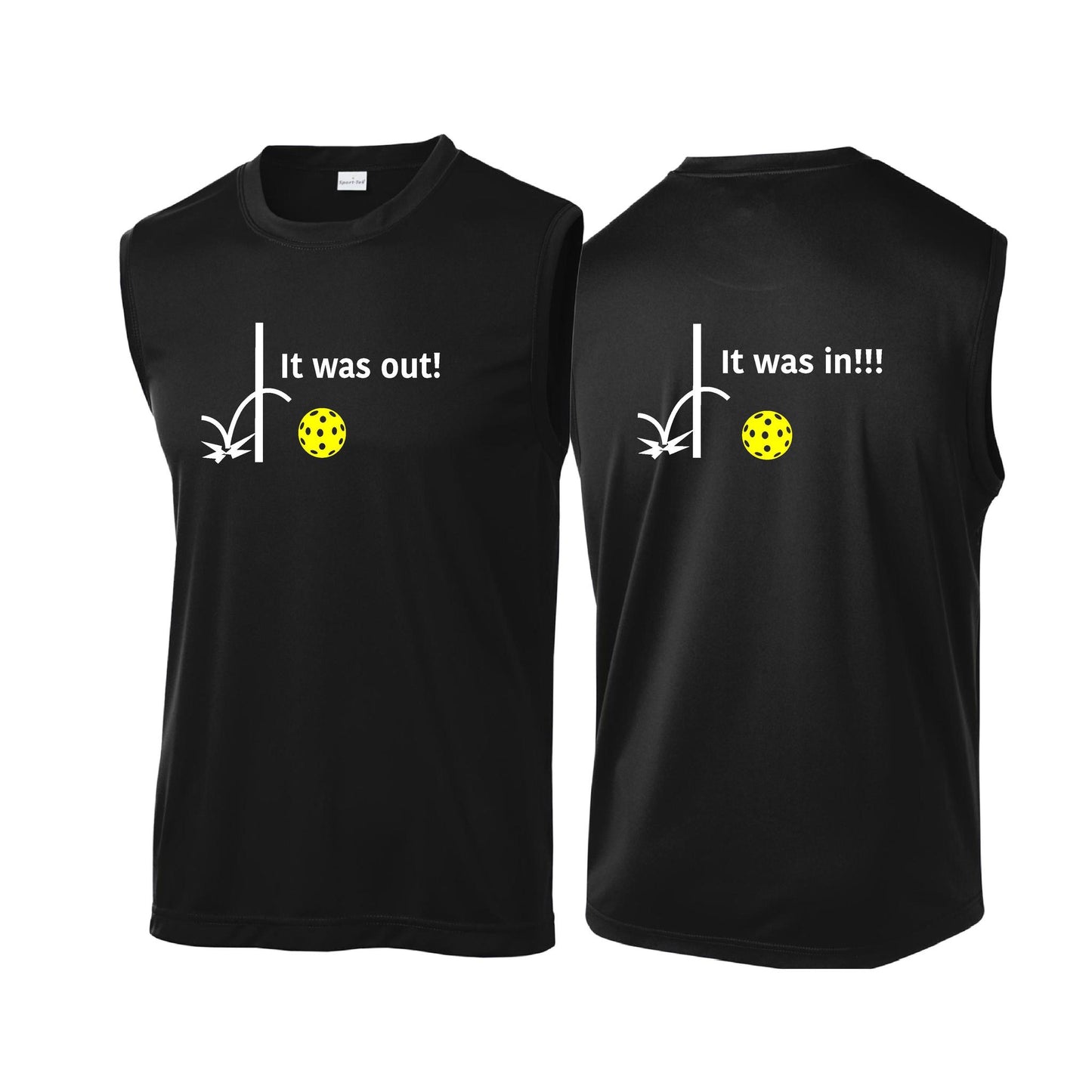 It Was Out! It Was In! (Pickleballs Red White Yellow) | Men's Sleeveless Athletic Performance T-Shirt | 100% Polyester