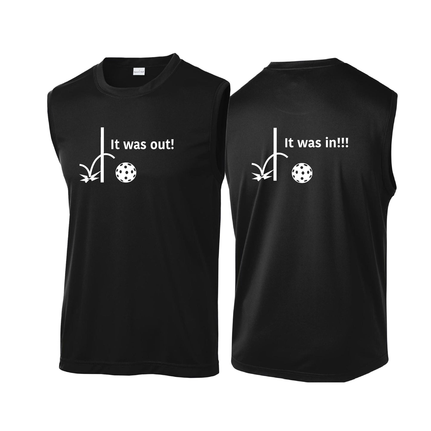 It Was Out! It Was In! (Pickleballs Red White Yellow) | Men's Sleeveless Athletic Performance T-Shirt | 100% Polyester