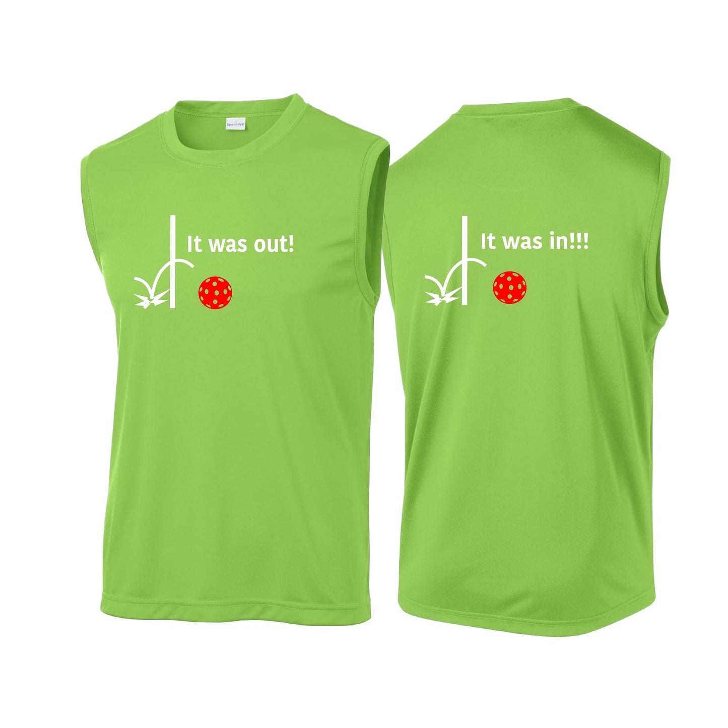 It Was Out! It Was In! (Pickleballs Red White Yellow) | Men's Sleeveless Athletic Performance T-Shirt | 100% Polyester