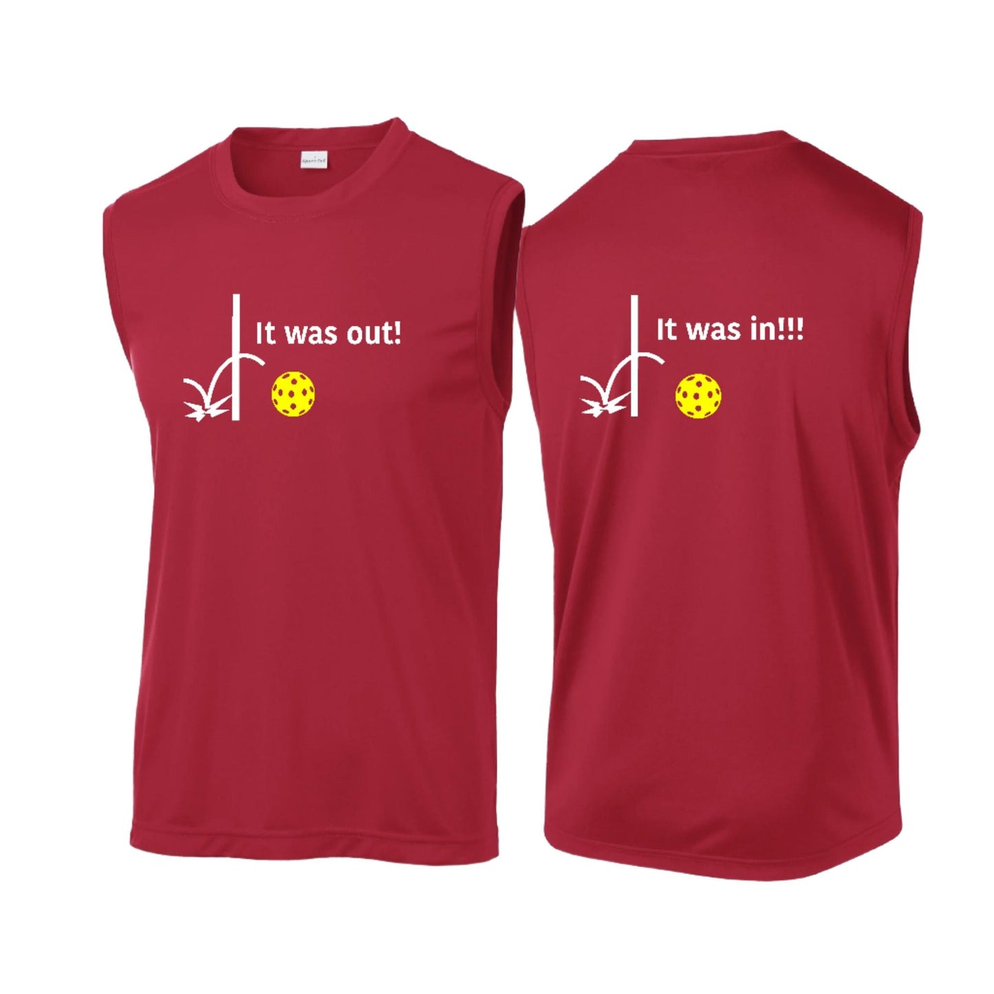 It Was Out! It Was In! (Pickleballs Red White Yellow) | Men's Sleeveless Athletic Performance T-Shirt | 100% Polyester