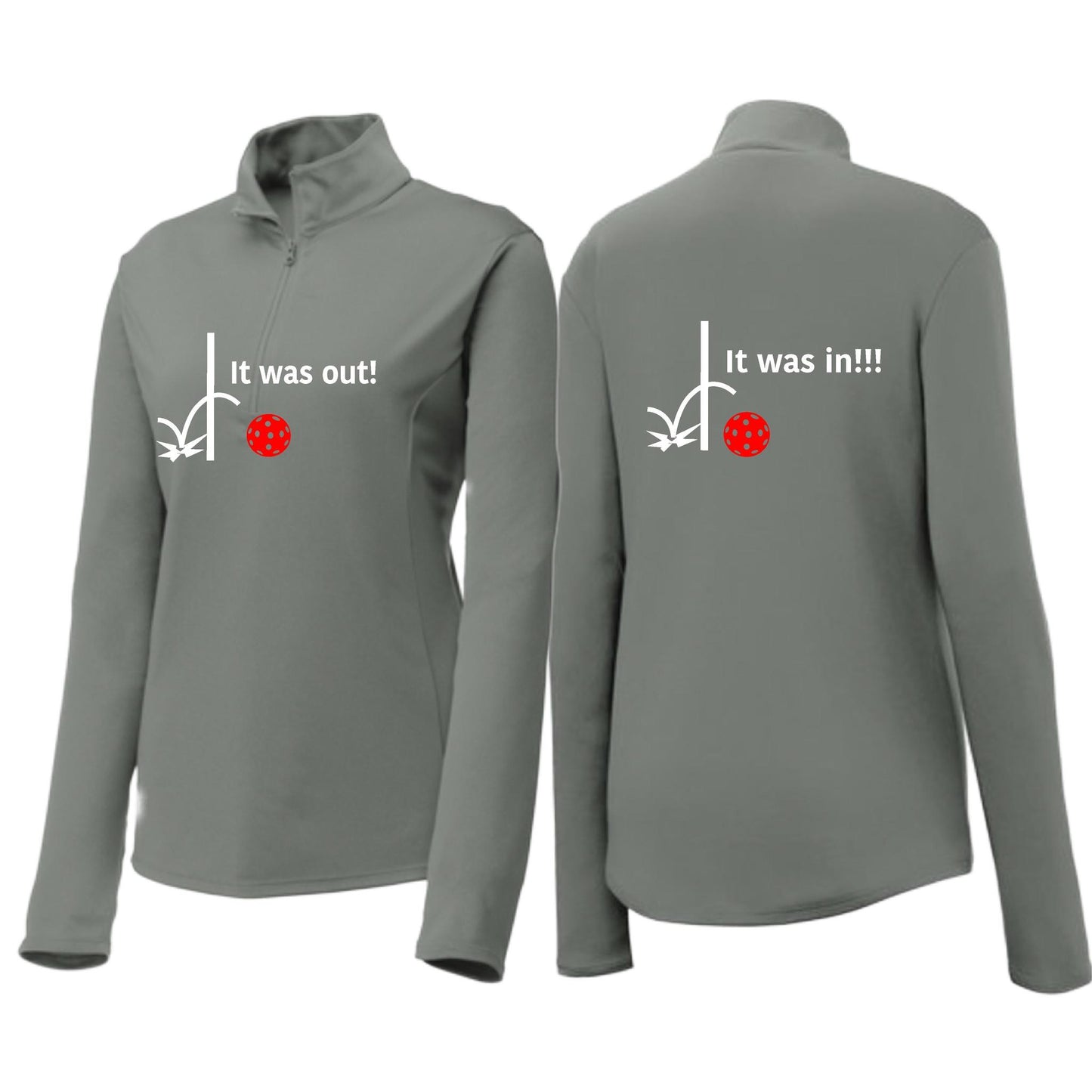 It Was Out! It Was In! (Pickleballs Red White Yellow) | Women's 1/4 Zip Pickleball Performance Pullover Shirt | 100% Polyester