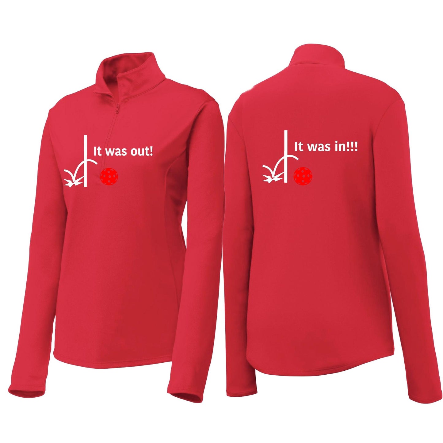 It Was Out! It Was In! (Pickleballs Red White Yellow) | Women's 1/4 Zip Pickleball Performance Pullover Shirt | 100% Polyester