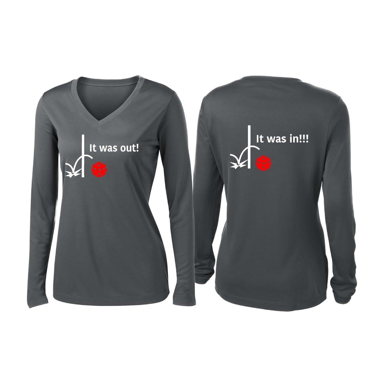 It Was Out! It Was In! (Pickleballs Red White Yellow) | Women’s Long Sleeve V-Neck Pickleball Performance T-Shirt | 100% Polyester