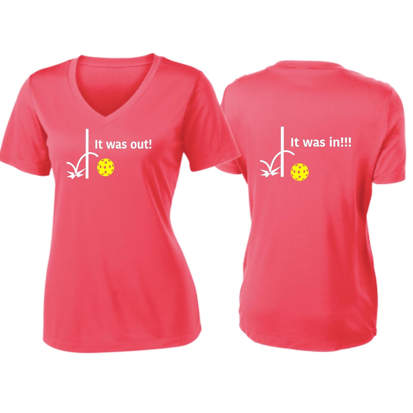 It Was Out! It Was In! (Pickleballs Red White Yellow) | Women's Short Sleeve V-Neck Pickleball T-Shirts | 100% Polyester