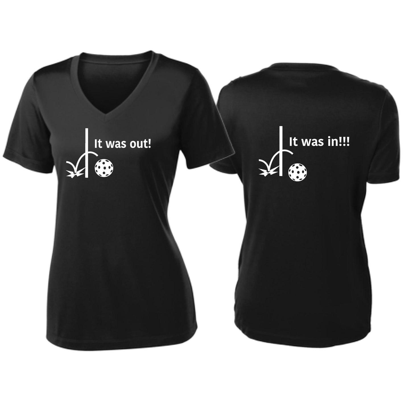 It Was Out! It Was In! (Pickleballs Red White Yellow) | Women's Short Sleeve V-Neck Pickleball T-Shirts | 100% Polyester
