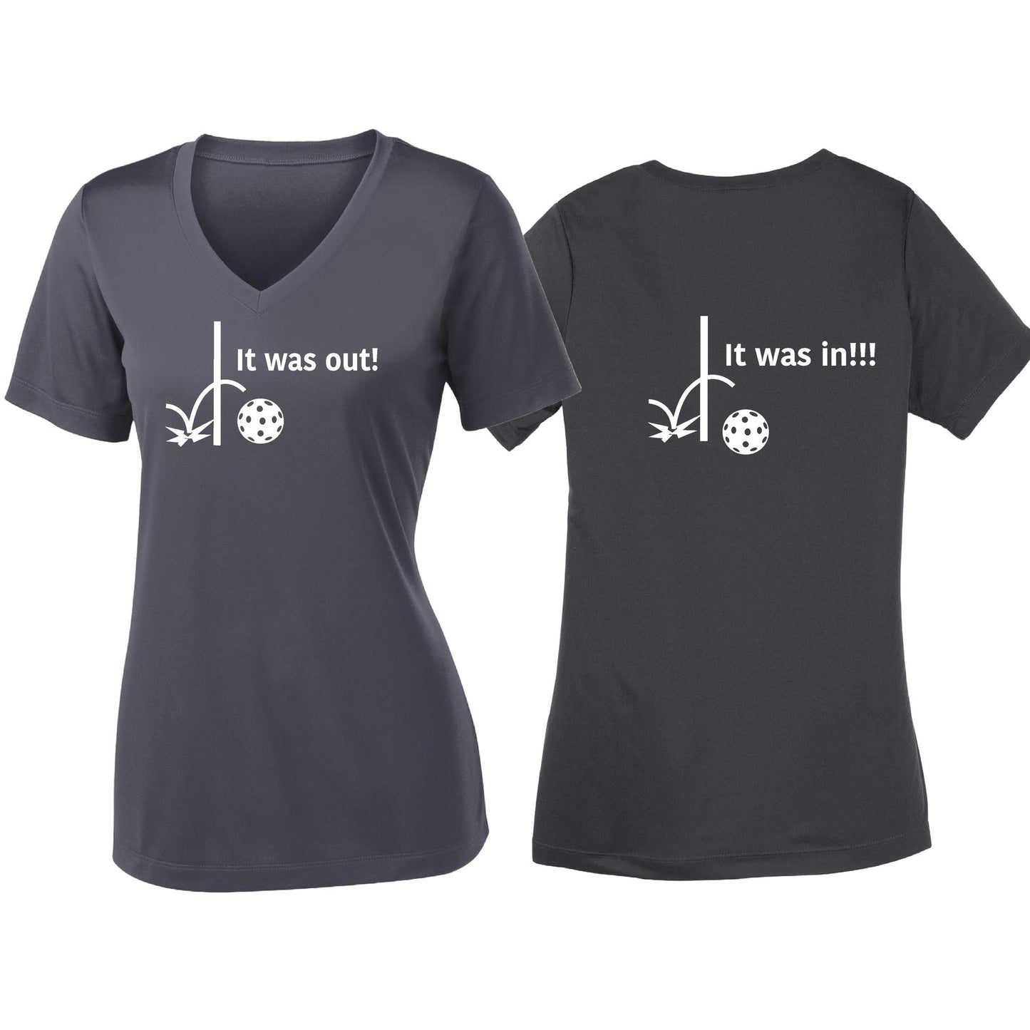 It Was Out! It Was In! (Pickleballs Red White Yellow) | Women's Short Sleeve V-Neck Pickleball T-Shirts | 100% Polyester