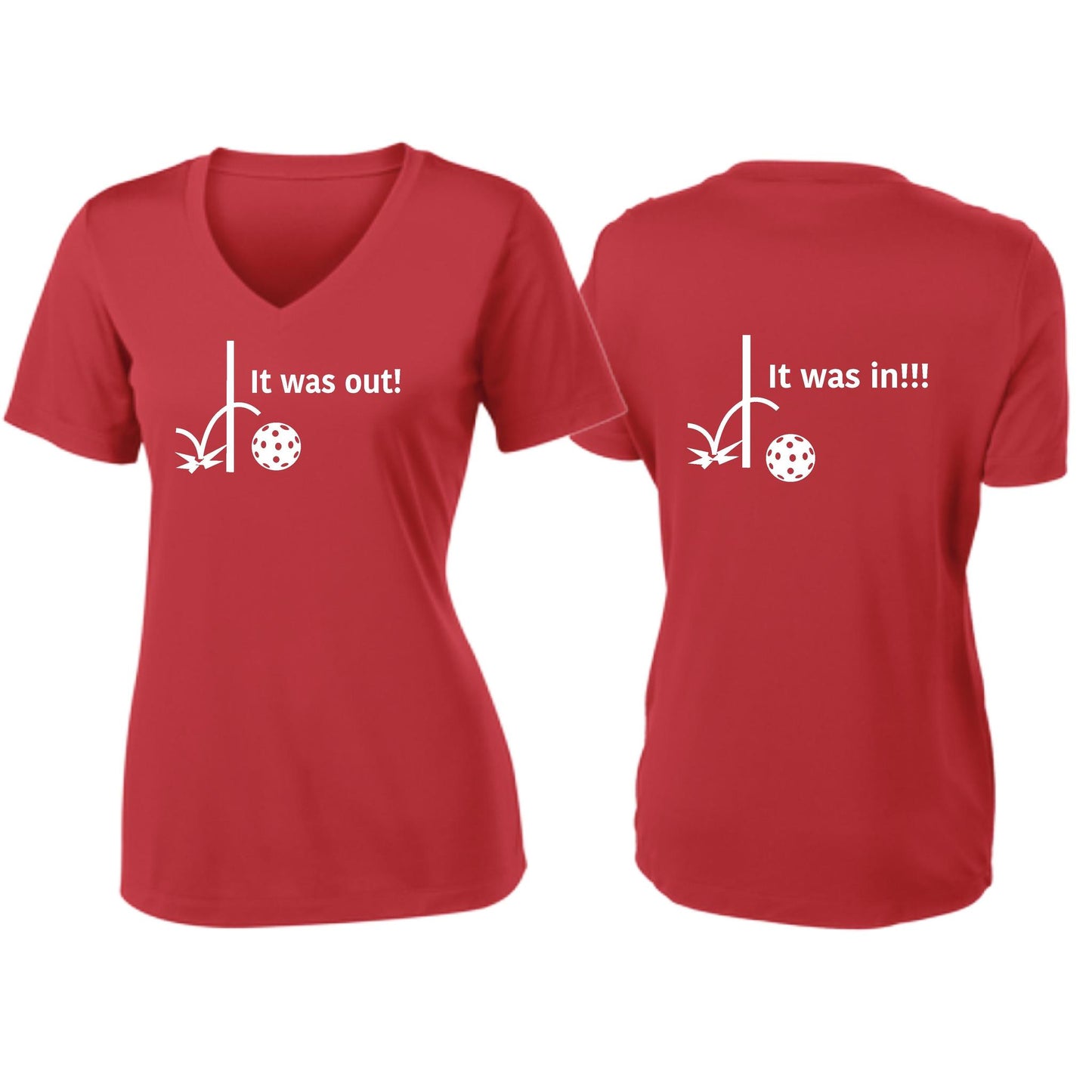It Was Out! It Was In! (Pickleballs Red White Yellow) | Women's Short Sleeve V-Neck Pickleball T-Shirts | 100% Polyester