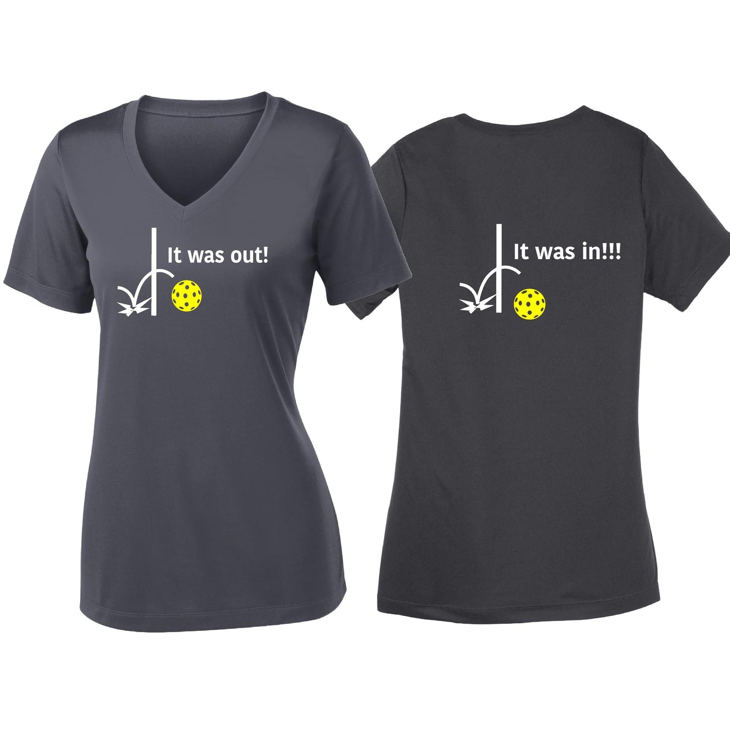 It Was Out! It Was In! (Pickleballs Red White Yellow) | Women's Short Sleeve V-Neck Pickleball T-Shirts | 100% Polyester