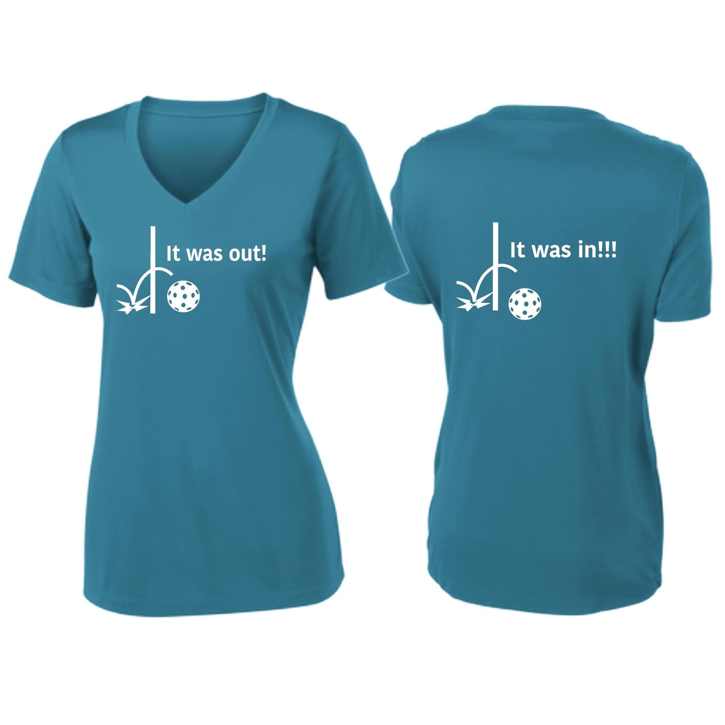 It Was Out! It Was In! (Pickleballs Red White Yellow) | Women's Short Sleeve V-Neck Pickleball T-Shirts | 100% Polyester