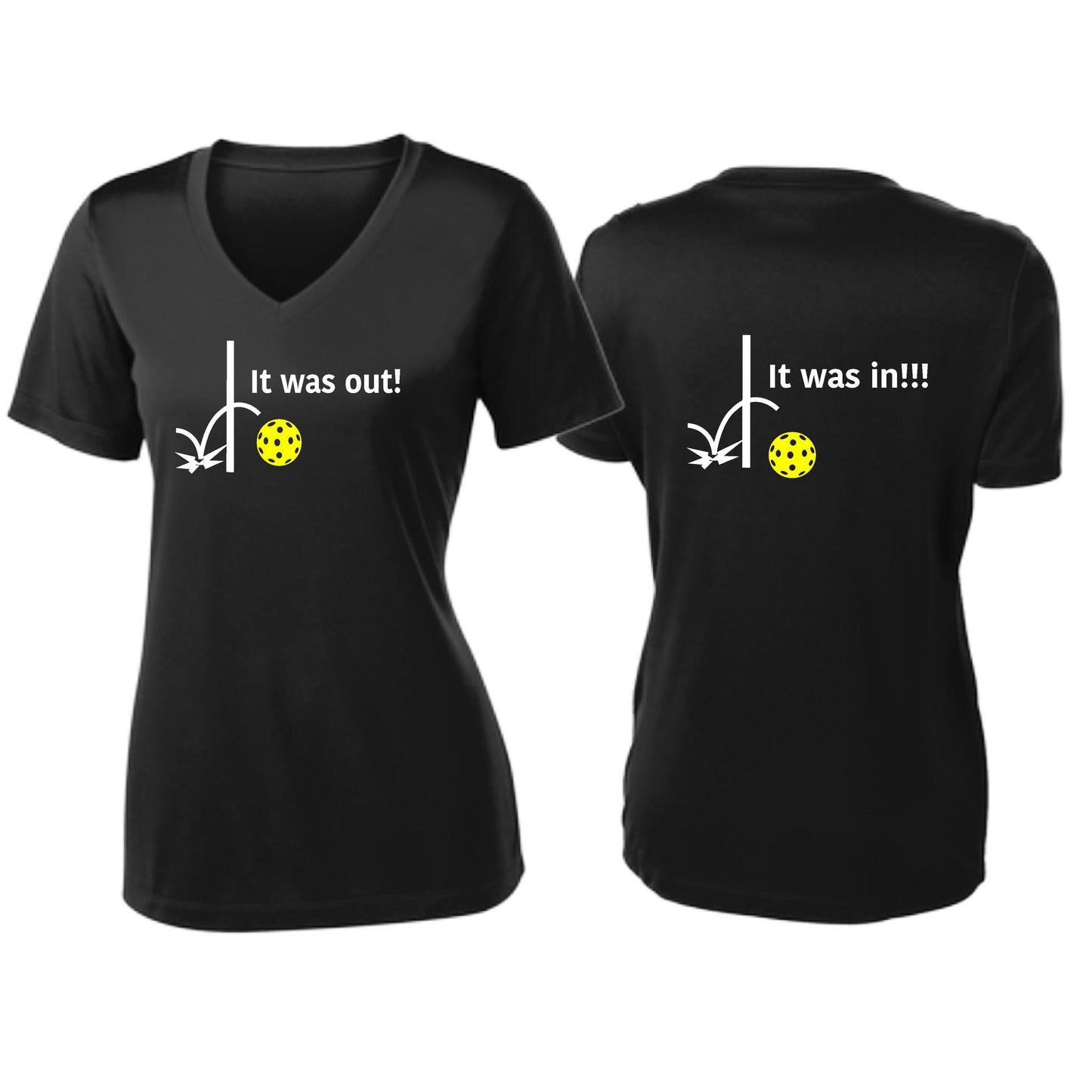 It Was Out! It Was In! (Pickleballs Red White Yellow) | Women's Short Sleeve V-Neck Pickleball T-Shirts | 100% Polyester