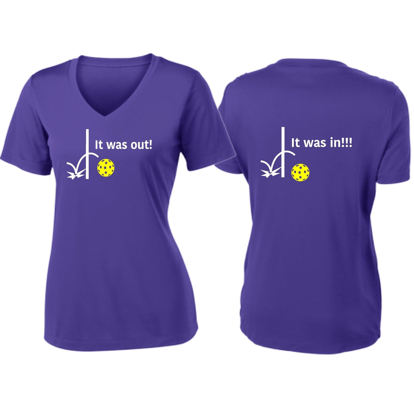 It Was Out! It Was In! (Pickleballs Red White Yellow) | Women's Short Sleeve V-Neck Pickleball T-Shirts | 100% Polyester