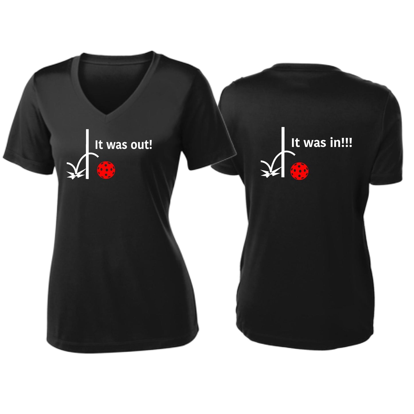 It Was Out! It Was In! (Pickleballs Red White Yellow) | Women's Short Sleeve V-Neck Pickleball T-Shirts | 100% Polyester