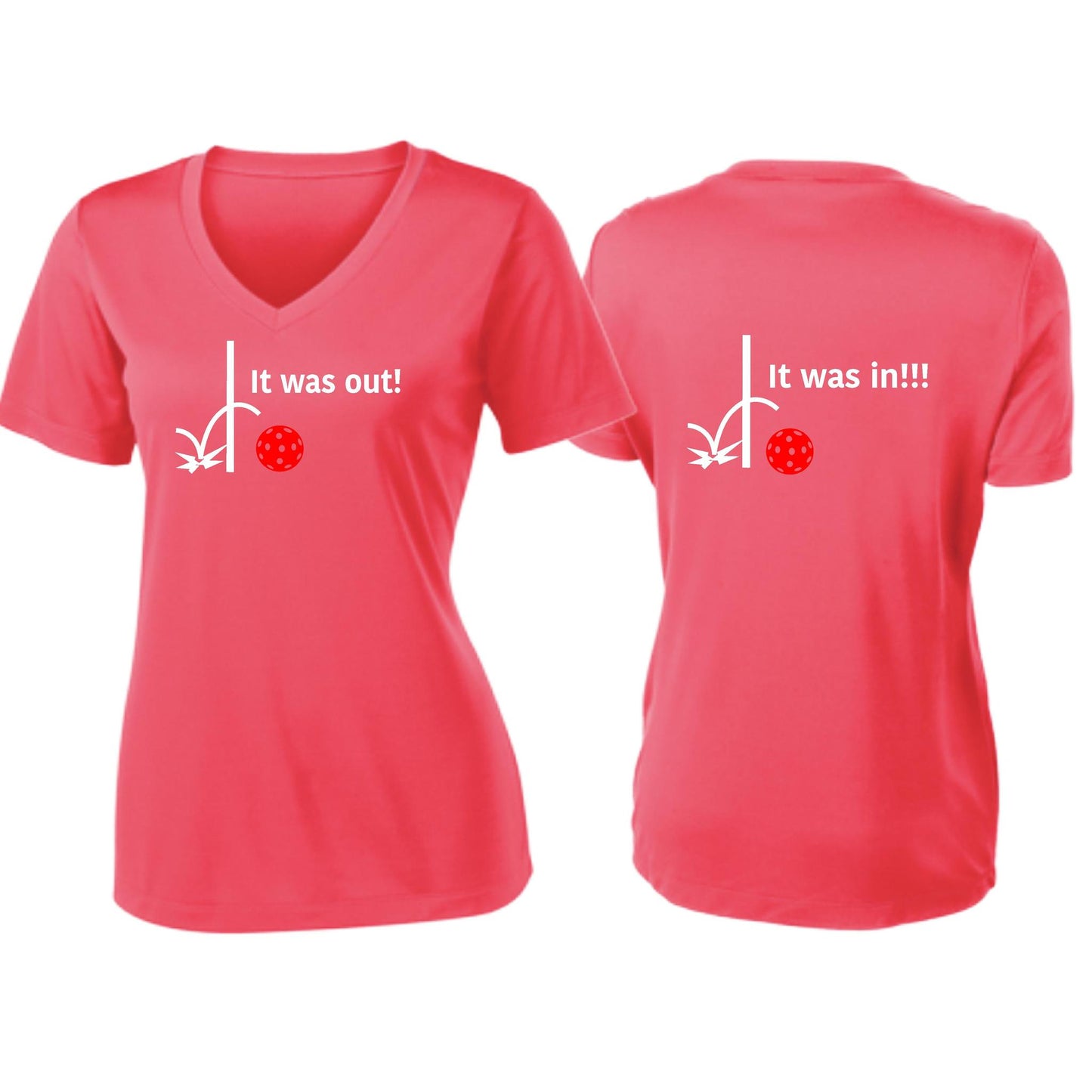 It Was Out! It Was In! (Pickleballs Red White Yellow) | Women's Short Sleeve V-Neck Pickleball T-Shirts | 100% Polyester