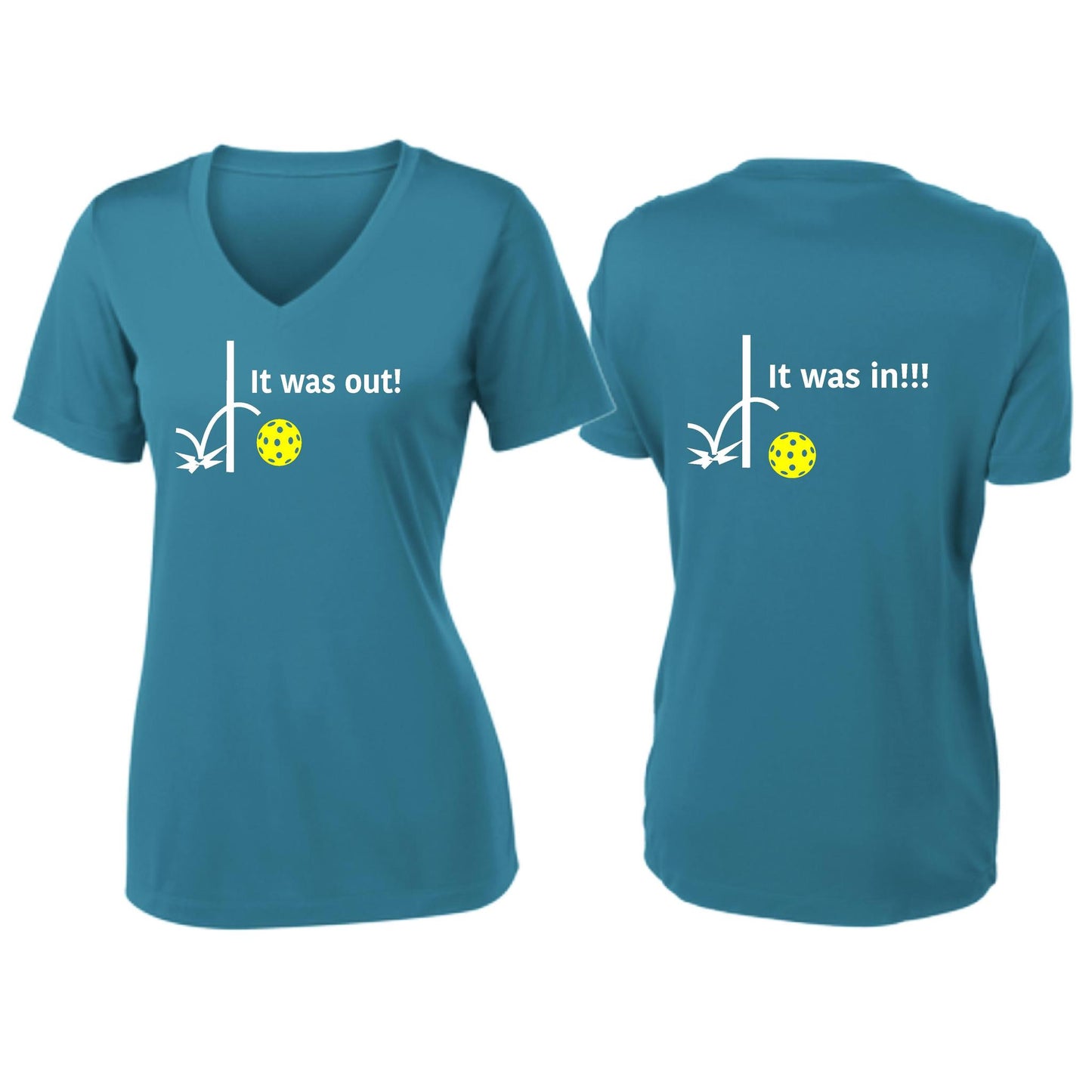 It Was Out! It Was In! (Pickleballs Red White Yellow) | Women's Short Sleeve V-Neck Pickleball T-Shirts | 100% Polyester