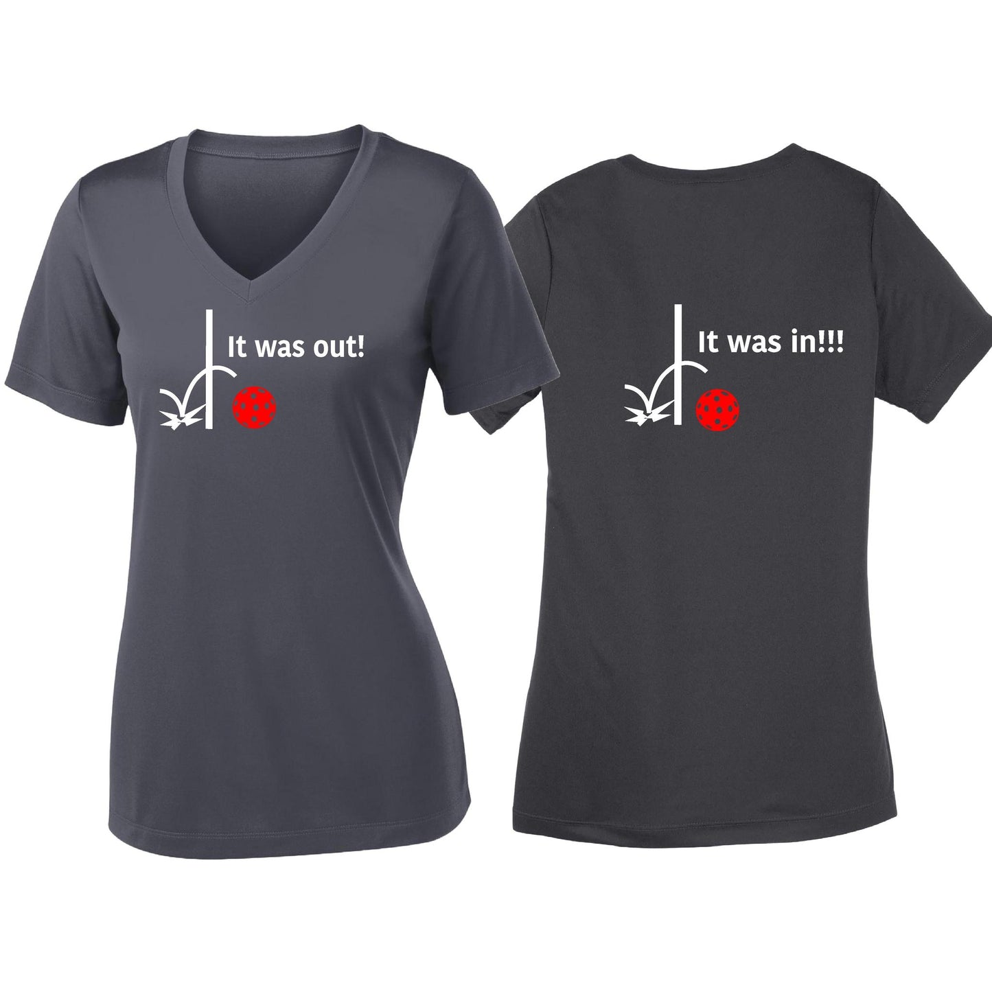 It Was Out! It Was In! (Pickleballs Red White Yellow) | Women's Short Sleeve V-Neck Pickleball T-Shirts | 100% Polyester