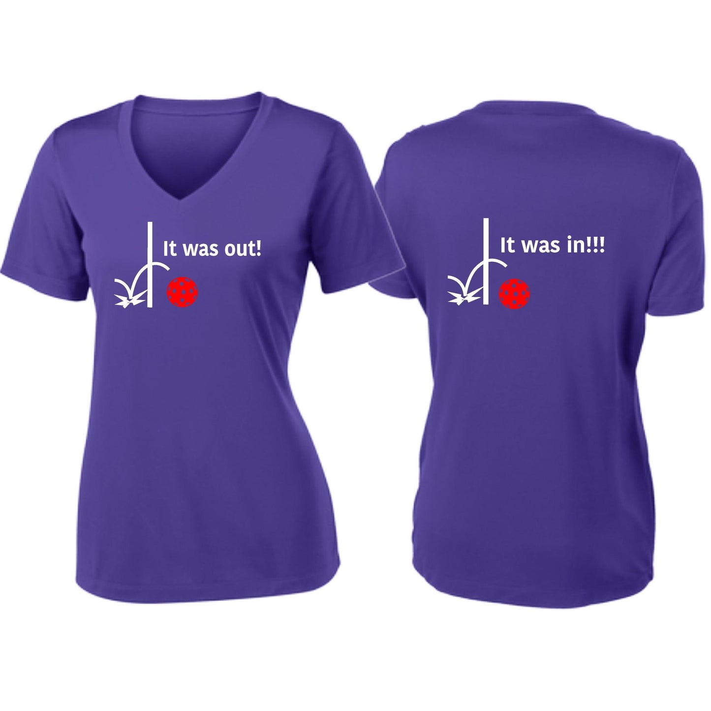 It Was Out! It Was In! (Pickleballs Red White Yellow) | Women's Short Sleeve V-Neck Pickleball T-Shirts | 100% Polyester