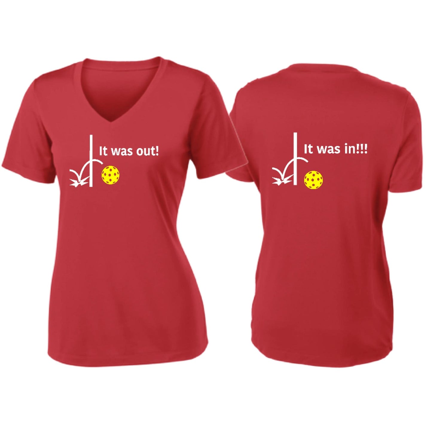 It Was Out! It Was In! (Pickleballs Red White Yellow) | Women's Short Sleeve V-Neck Pickleball T-Shirts | 100% Polyester