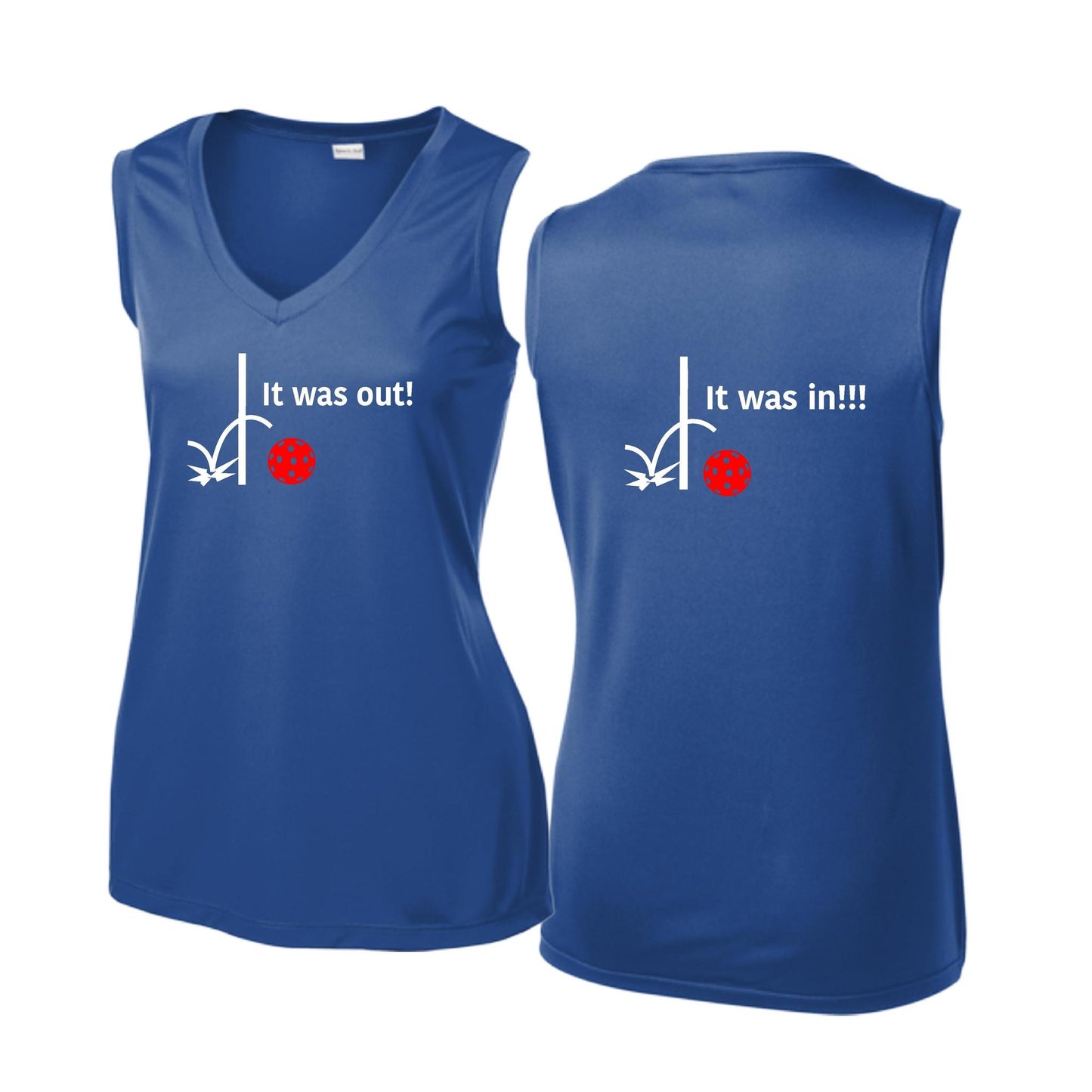 It Was Out! It Was In! (Pickleballs Red White Yellow) | Women’s Sleeveless Athletic Performance T-Shirt | 100% Polyester