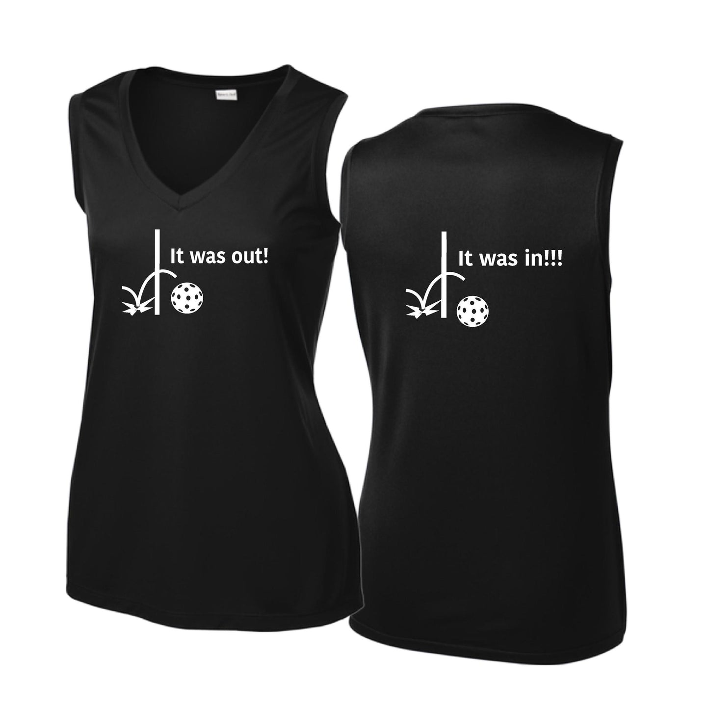 It Was Out! It Was In! (Pickleballs Red White Yellow) | Women’s Sleeveless Athletic Performance T-Shirt | 100% Polyester