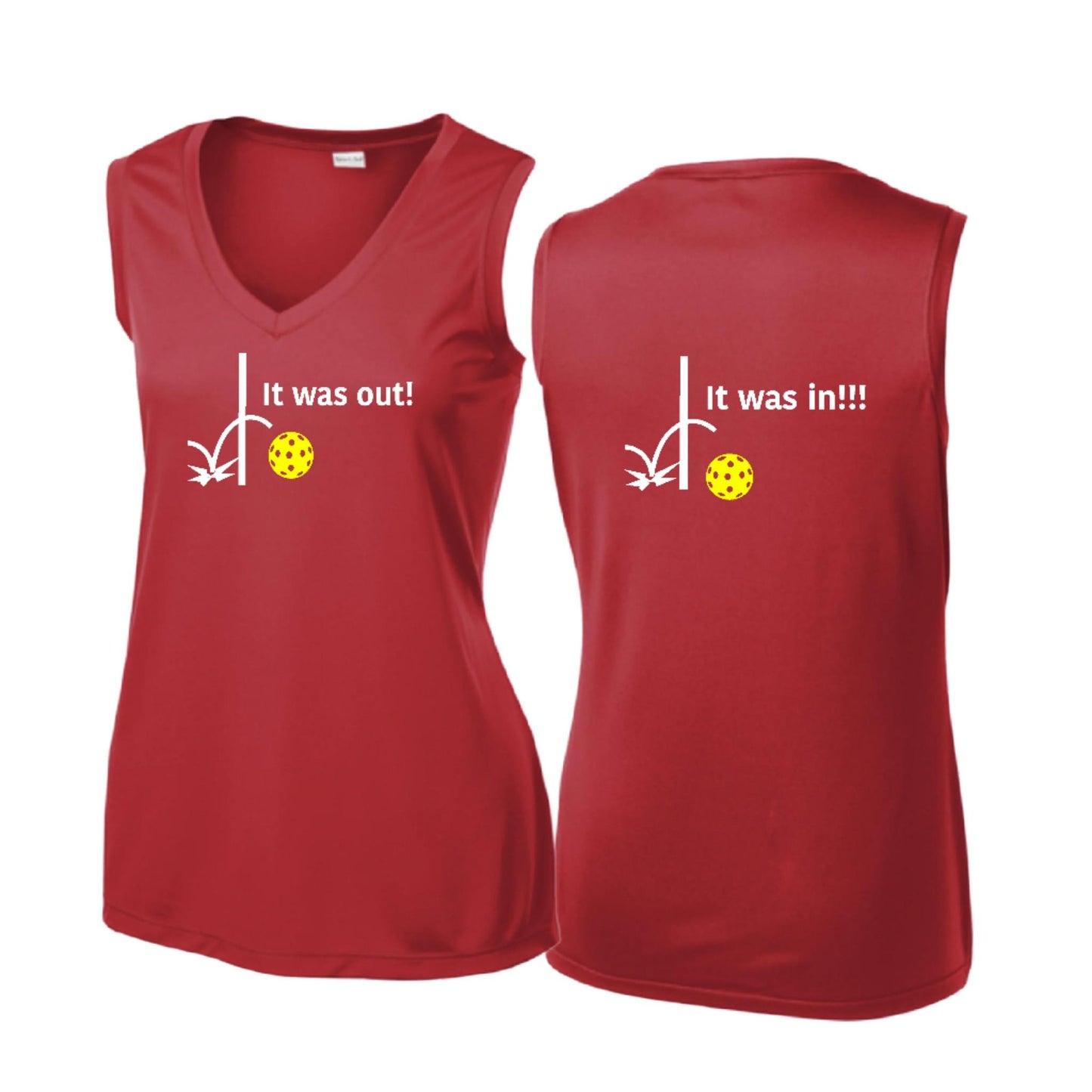 It Was Out! It Was In! (Pickleballs Red White Yellow) | Women’s Sleeveless Athletic Performance T-Shirt | 100% Polyester