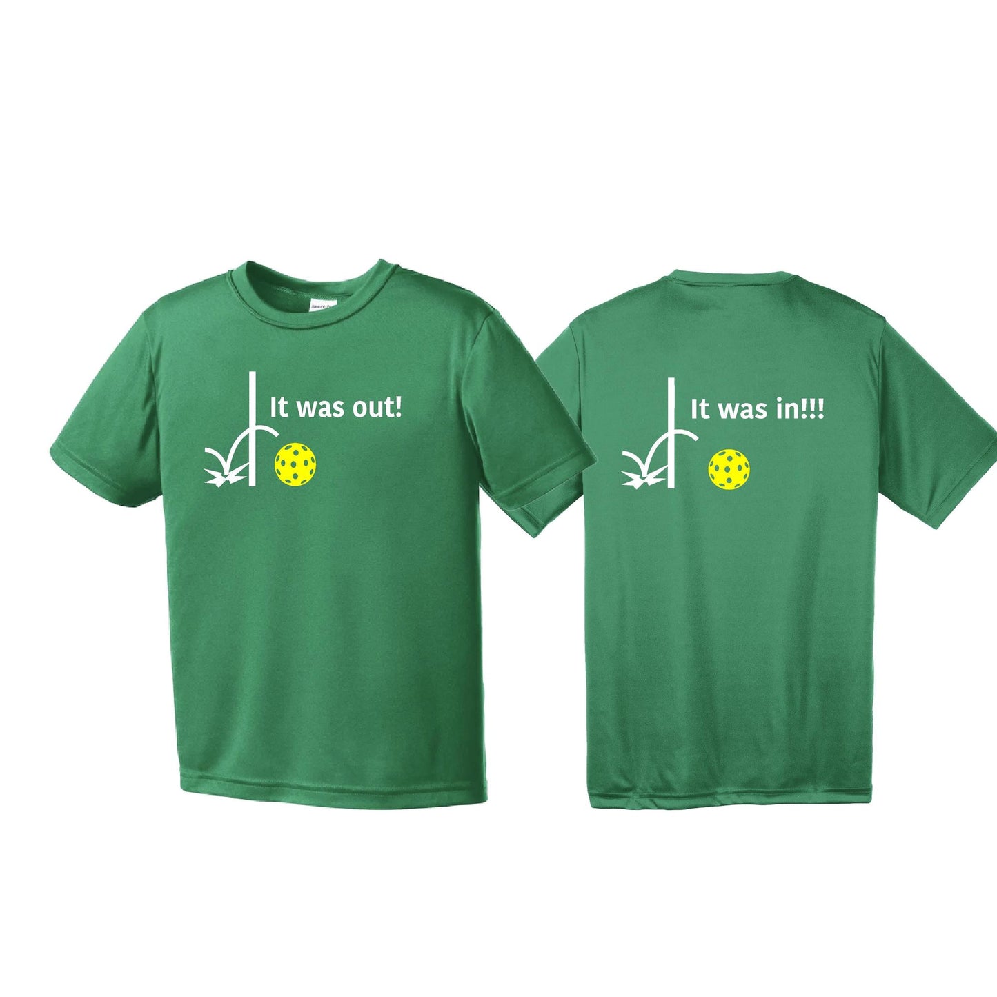 It Was Out! It Was In! (Pickleballs Red White Yellow) | Youth Short Sleeve Pickleball T-Shirts | 100% Polyester