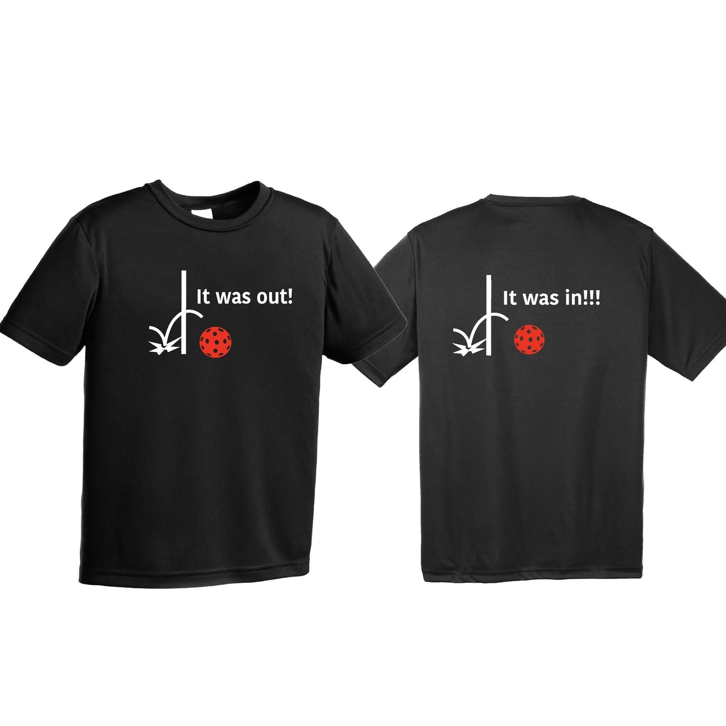 It Was Out! It Was In! (Pickleballs Red White Yellow) | Youth Short Sleeve Pickleball T-Shirts | 100% Polyester
