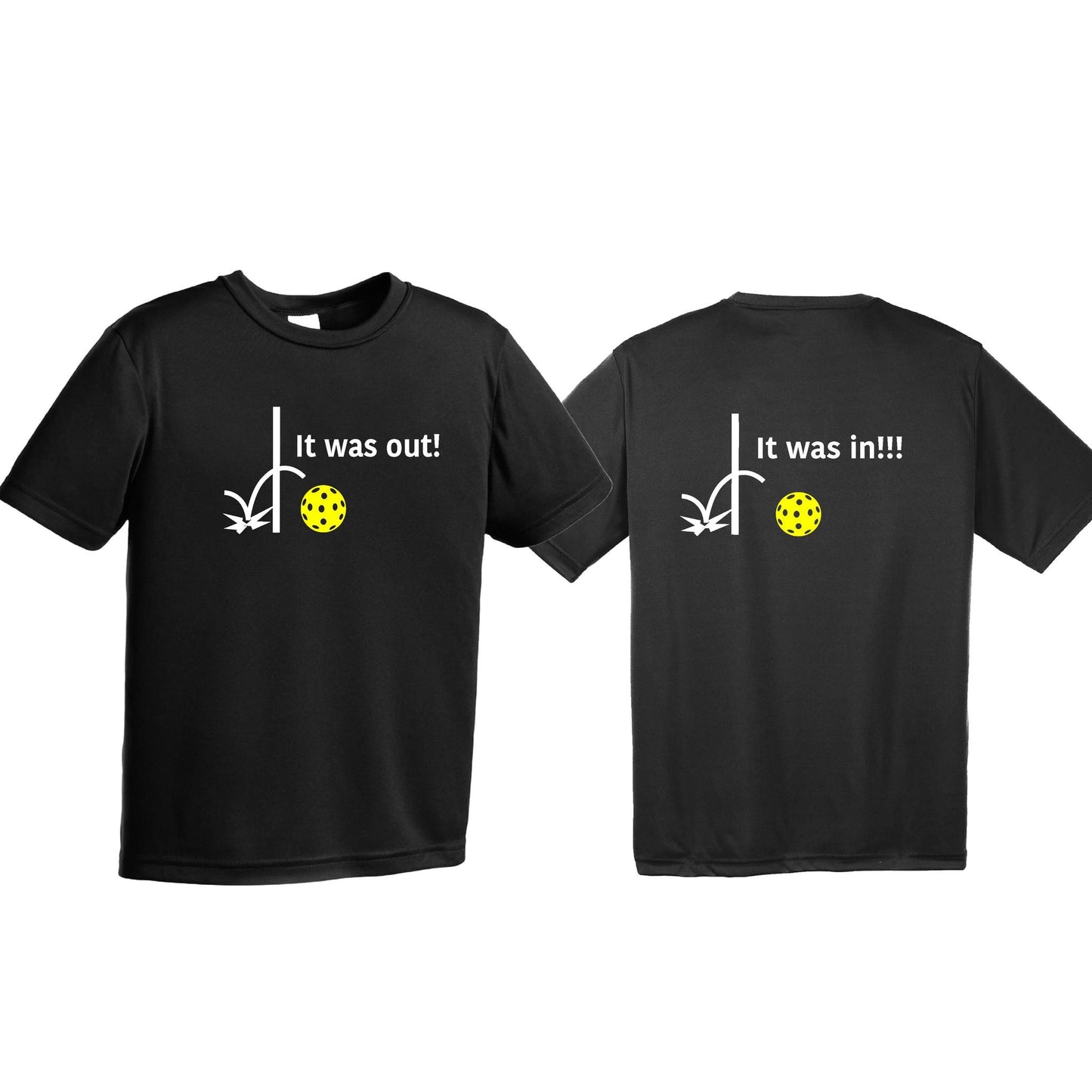It Was Out! It Was In! (Pickleballs Red White Yellow) | Youth Short Sleeve Pickleball T-Shirts | 100% Polyester