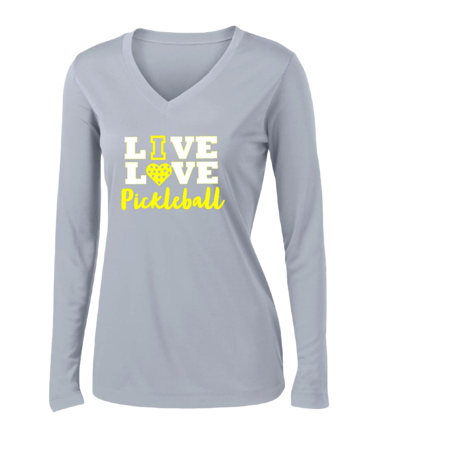 Live Love Pickleball | Clearance Women’s Long Sleeve V-Neck Pickleball Performance T-Shirt | 100% Polyester