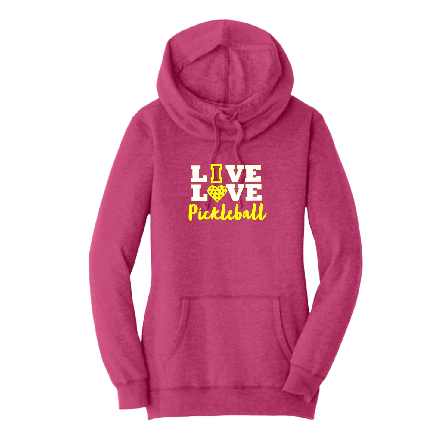 Live Love Pickleball | Women’s Cowl-Neck Hoodie Pickleball Sweatshirt | 55% Cotton 45% Poly Fleece