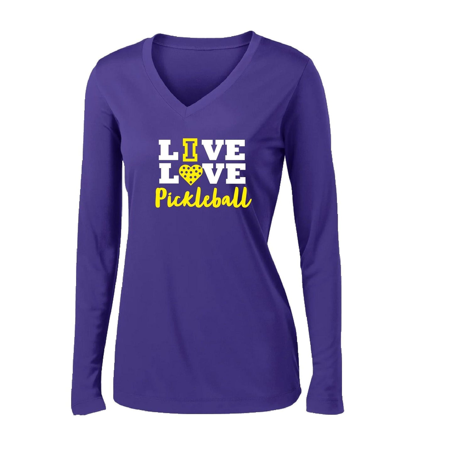 Live Love Pickleball | Women's Long Sleeve V-Neck Pickleball Performance T-Shirts | 100% Polyester