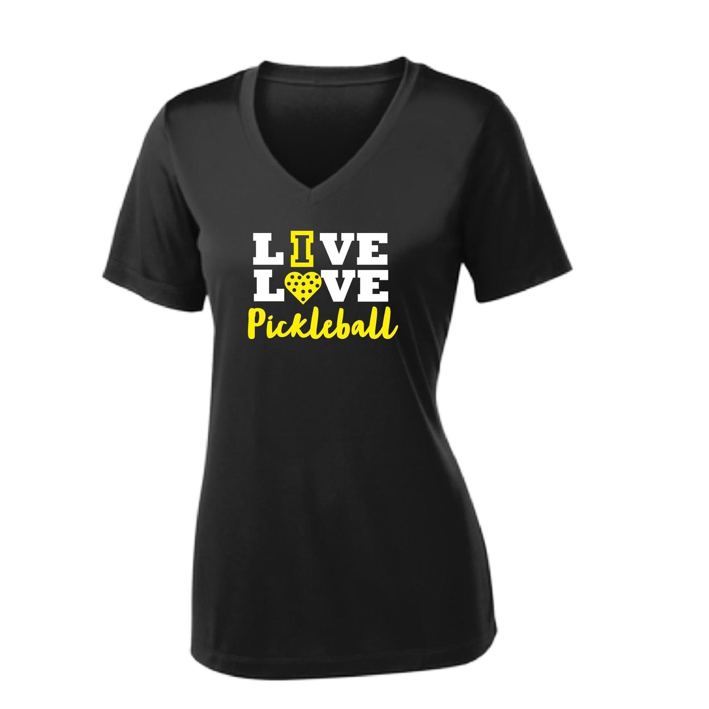 Live Love Pickleball | Women's Short Sleeve V-Neck Pickleball Performance T-Shirts | 100% Polyester