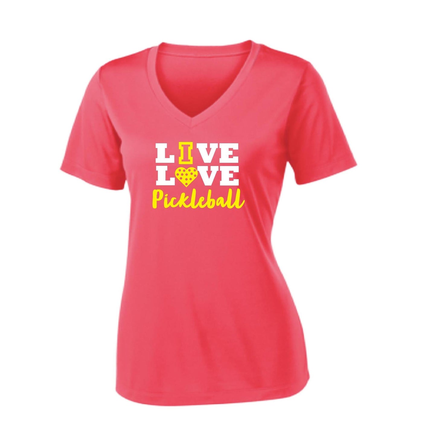 Live Love Pickleball | Women's Short Sleeve V-Neck Pickleball Performance T-Shirts | 100% Polyester