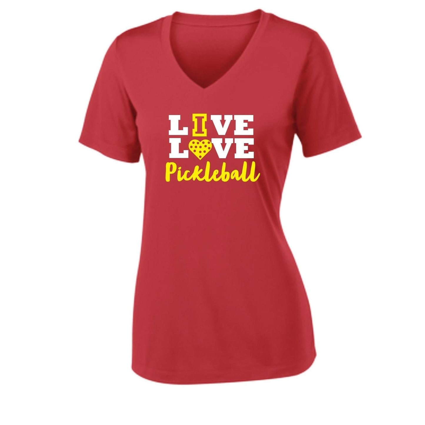 Live Love Pickleball | Women's Short Sleeve V-Neck Pickleball Performance T-Shirts | 100% Polyester