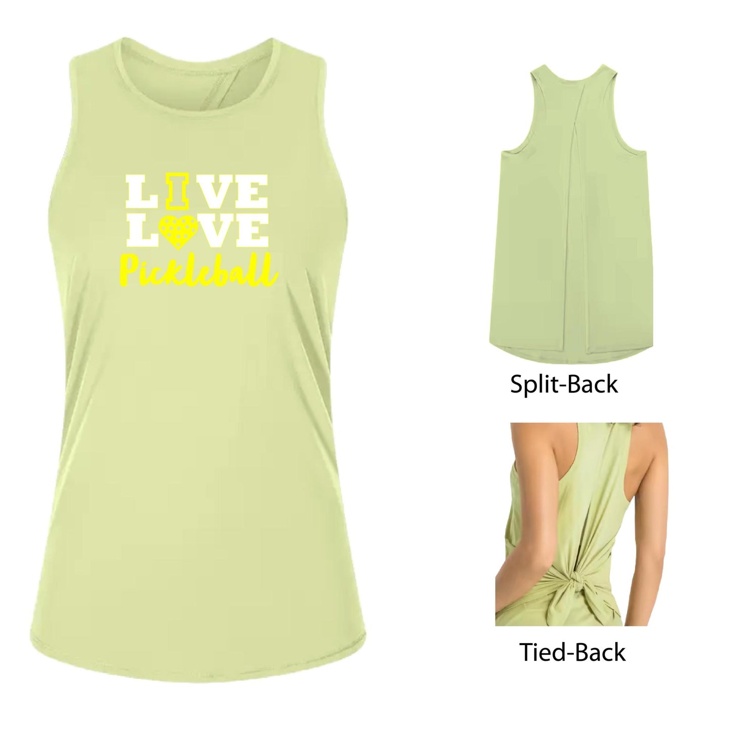Live Love Pickleball | Women's Split Back or Tied Back Pickleball Tank | 80/20 Nylon Spandex Mix