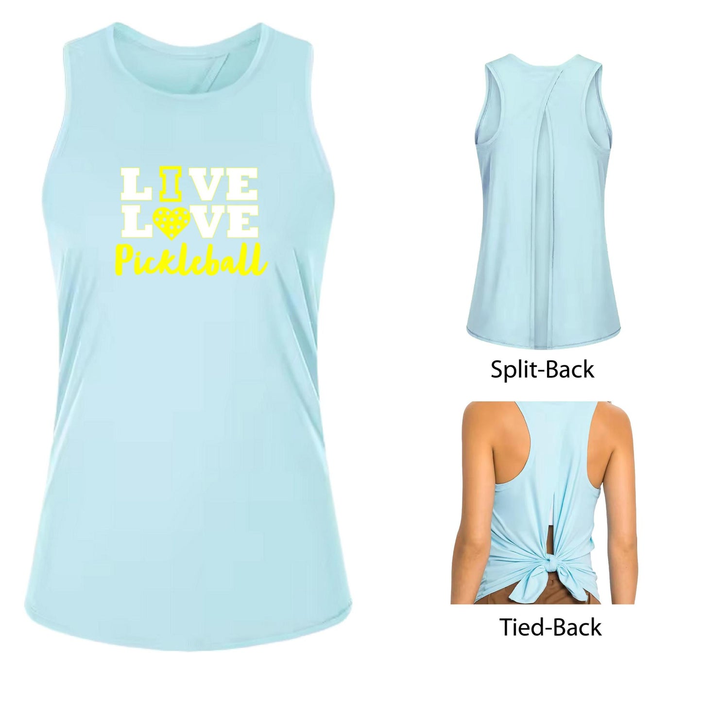 Live Love Pickleball | Women's Split Back or Tied Back Pickleball Tank | 80/20 Nylon Spandex Mix