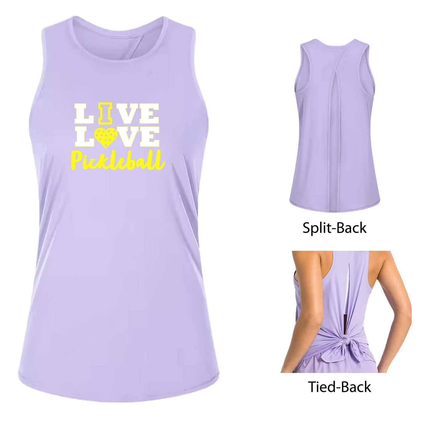 Live Love Pickleball | Women's Split Back or Tied Back Pickleball Tank | 80/20 Nylon Spandex Mix