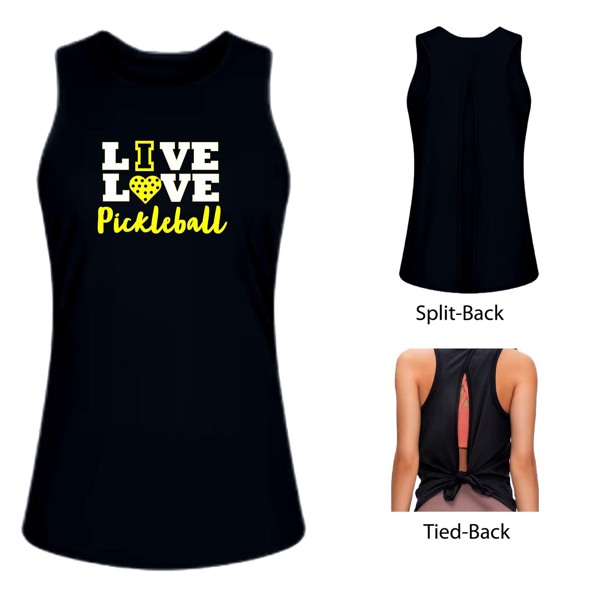 Live Love Pickleball | Women's Split Back or Tied Back Pickleball Tank | 80/20 Nylon Spandex Mix