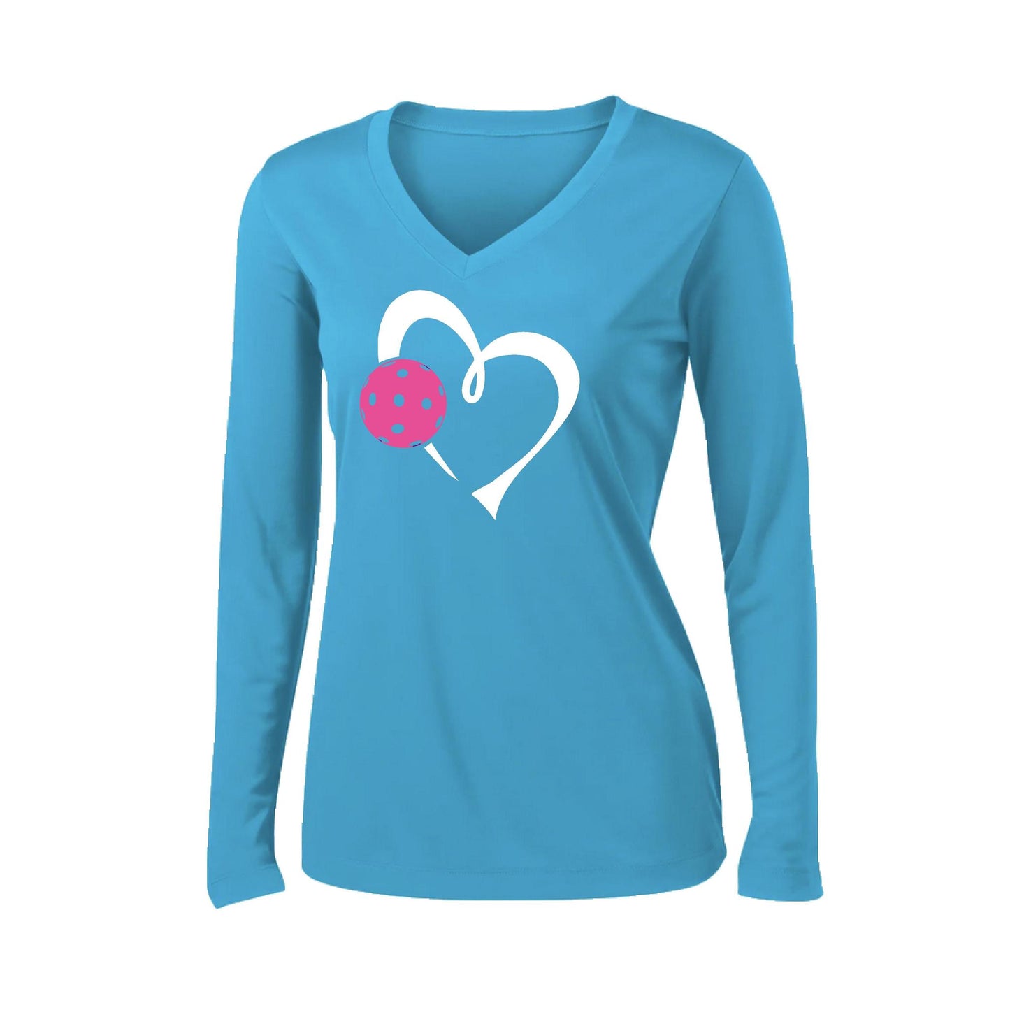 Love Pickleball (Pink) | Women's Long Sleeve V-Neck Pickleball Performance T-Shirts | 100% Polyester