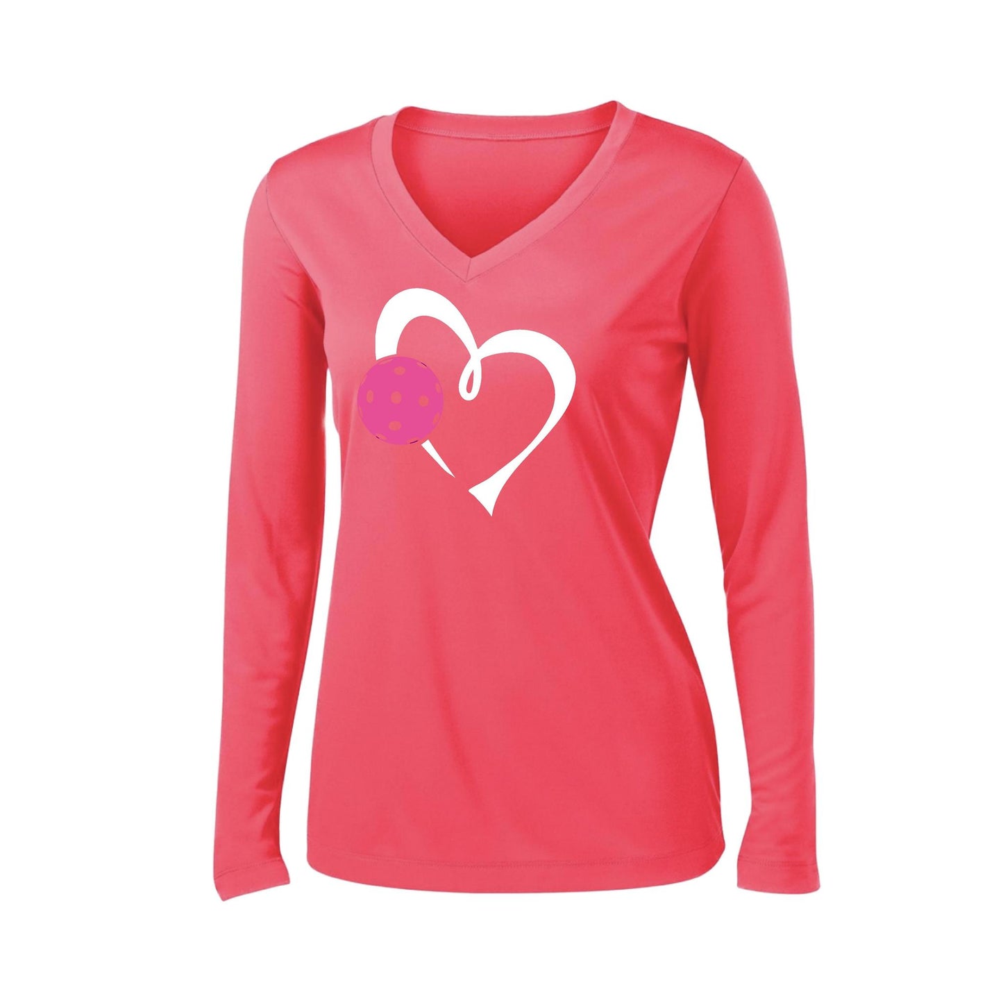 Love Pickleball (Pink) | Women's Long Sleeve V-Neck Pickleball Performance T-Shirts | 100% Polyester