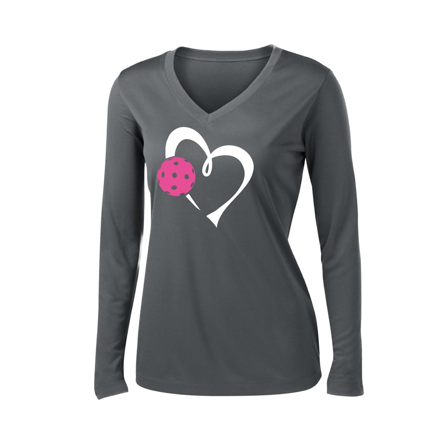 Love Pickleball (Pink) | Women's Long Sleeve V-Neck Pickleball Performance T-Shirts | 100% Polyester