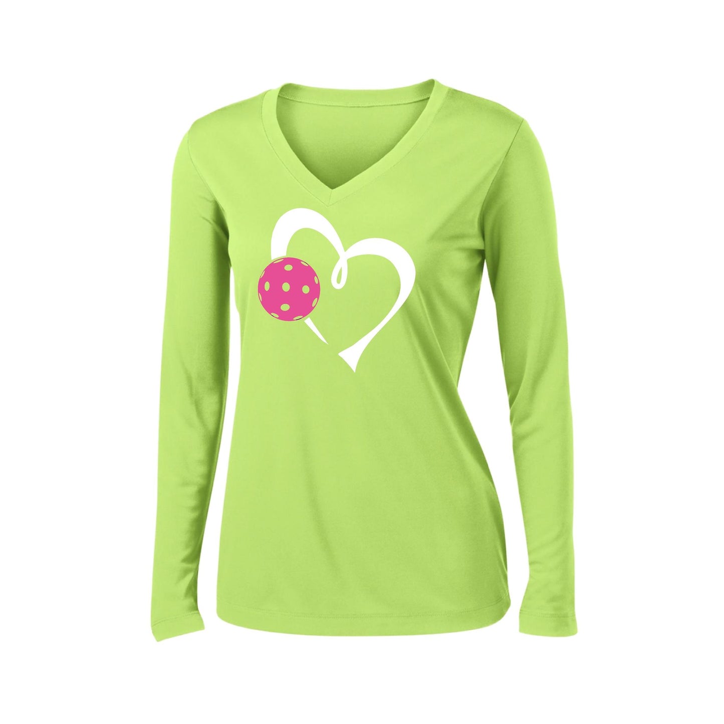 Love Pickleball (Pink) | Women's Long Sleeve V-Neck Pickleball Performance T-Shirts | 100% Polyester